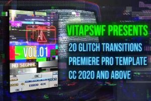 PR模板-20种赛博朋克画面故障干扰毛刺效果过渡转场预设 Glitch Transitions Vol. 01